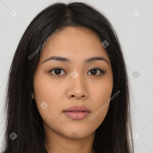 Neutral asian young-adult female with long  brown hair and brown eyes