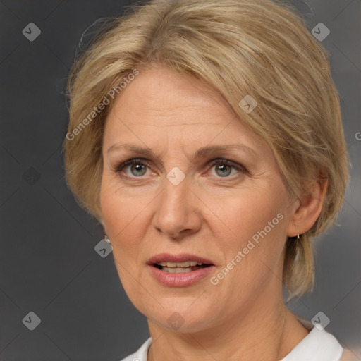 Joyful white adult female with medium  brown hair and brown eyes