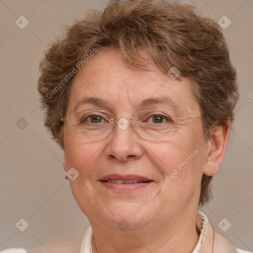 Joyful white middle-aged female with short  brown hair and brown eyes