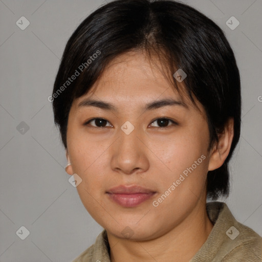 Neutral asian young-adult female with medium  brown hair and brown eyes