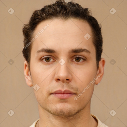 Neutral white young-adult male with short  brown hair and brown eyes