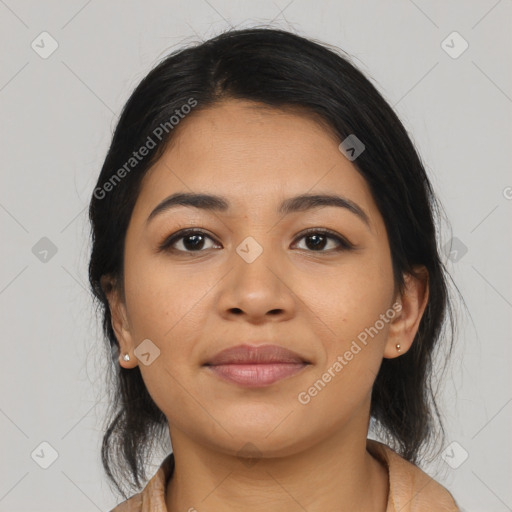 Joyful asian young-adult female with medium  black hair and brown eyes