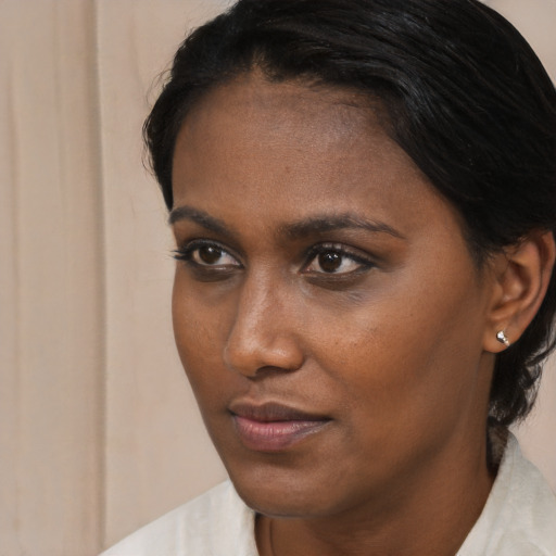 Neutral black young-adult female with short  brown hair and brown eyes