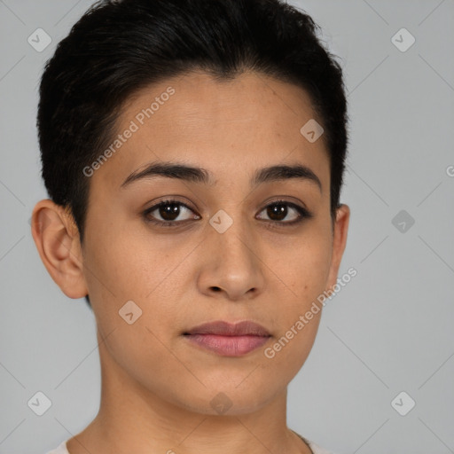 Joyful latino young-adult female with short  brown hair and brown eyes