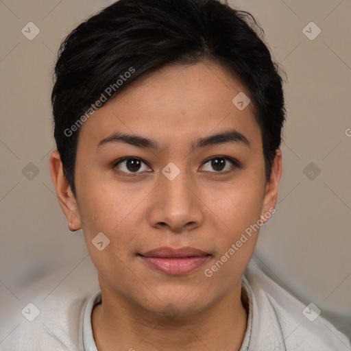 Joyful asian young-adult female with short  brown hair and brown eyes