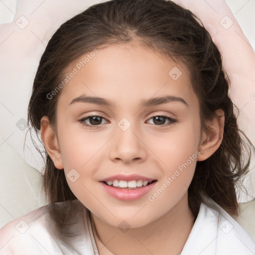 Joyful white child female with medium  brown hair and brown eyes