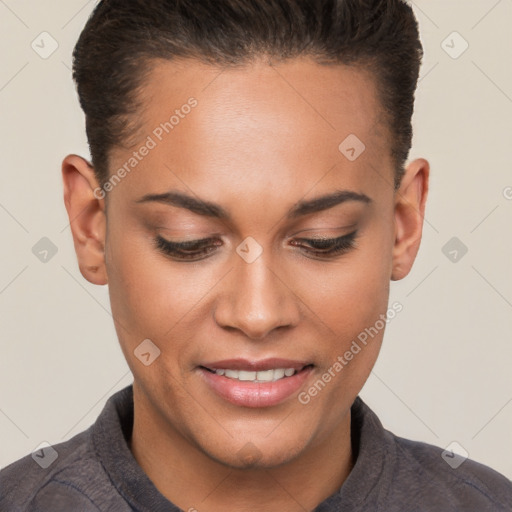 Joyful white young-adult female with short  brown hair and brown eyes