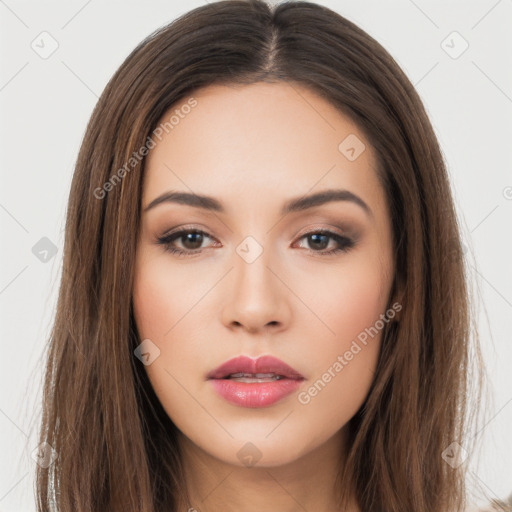 Neutral white young-adult female with long  brown hair and brown eyes