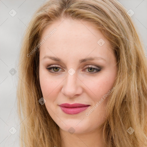 Joyful white young-adult female with long  brown hair and green eyes