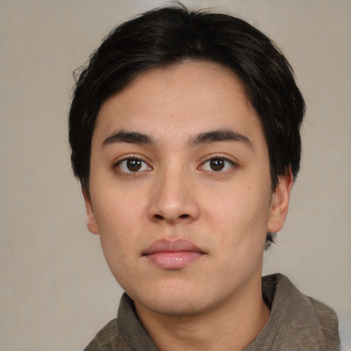 Neutral asian young-adult male with short  black hair and brown eyes