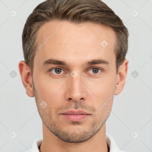 Neutral white young-adult male with short  brown hair and brown eyes