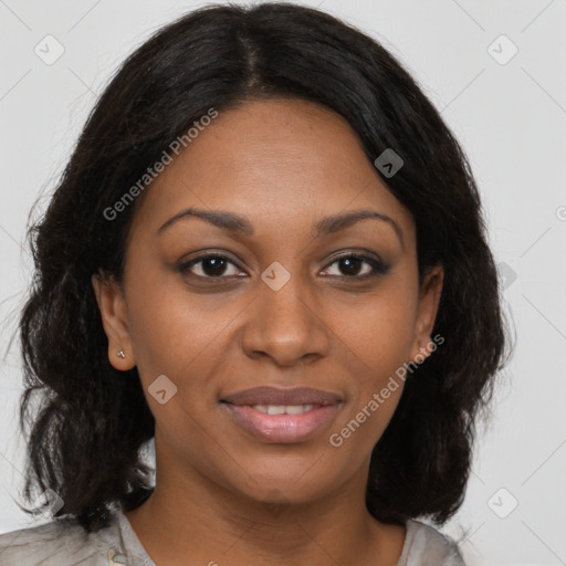 Joyful black young-adult female with medium  brown hair and brown eyes