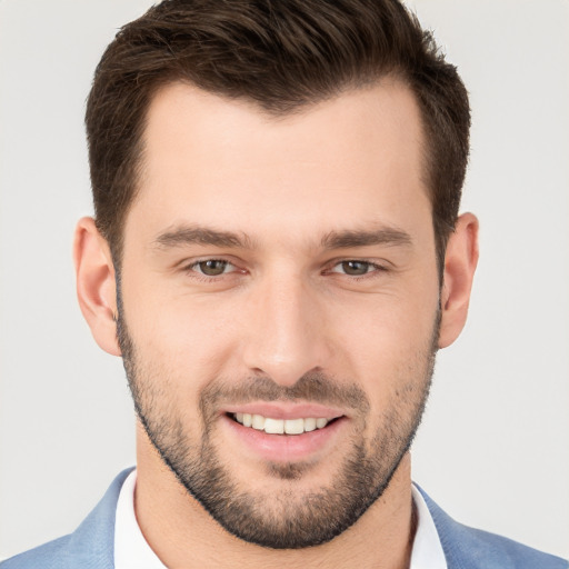 Joyful white young-adult male with short  brown hair and brown eyes