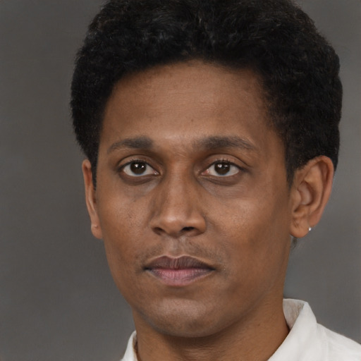 Neutral black adult male with short  black hair and brown eyes