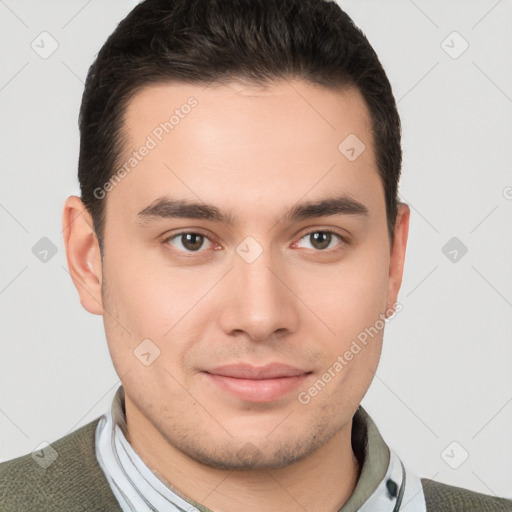 Joyful white young-adult male with short  brown hair and brown eyes