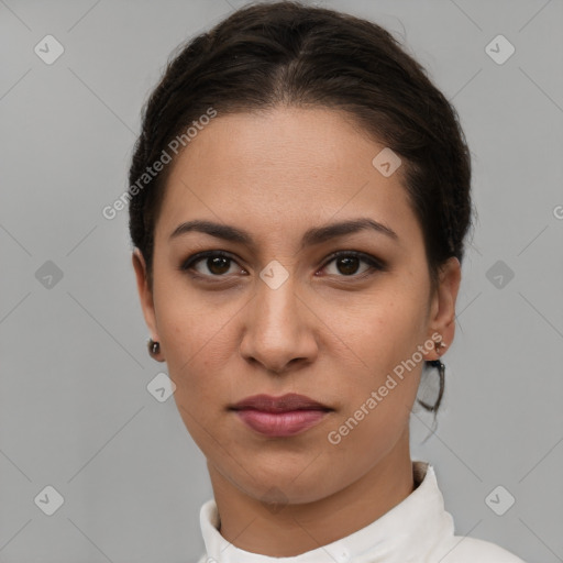 Neutral white young-adult female with short  brown hair and brown eyes