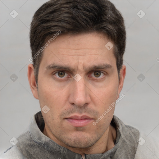 Neutral white adult male with short  brown hair and brown eyes