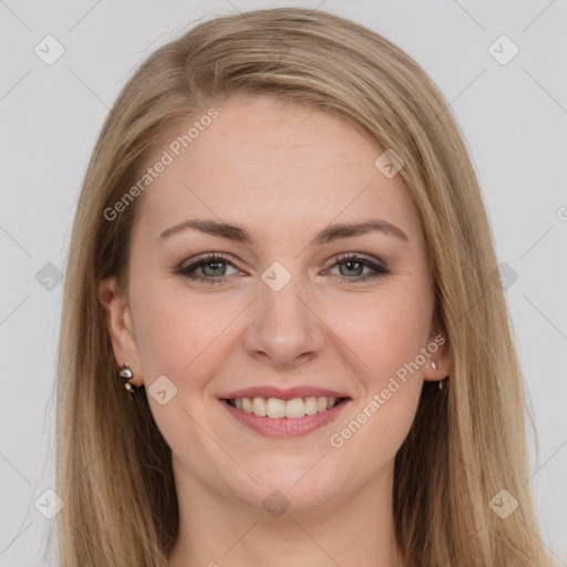 Joyful white young-adult female with long  brown hair and grey eyes