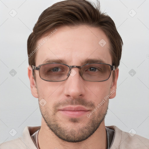 Joyful white young-adult male with short  brown hair and grey eyes