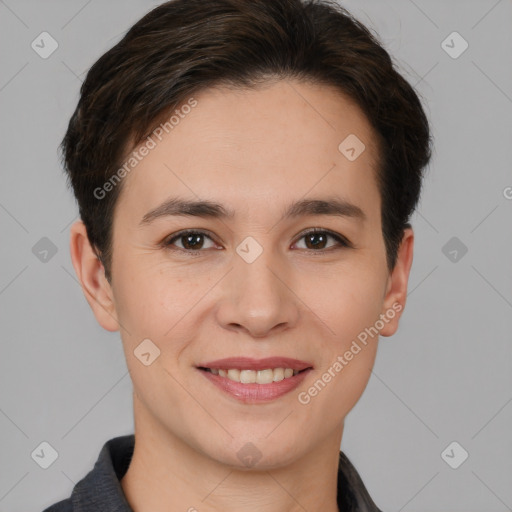 Joyful white young-adult female with short  brown hair and brown eyes