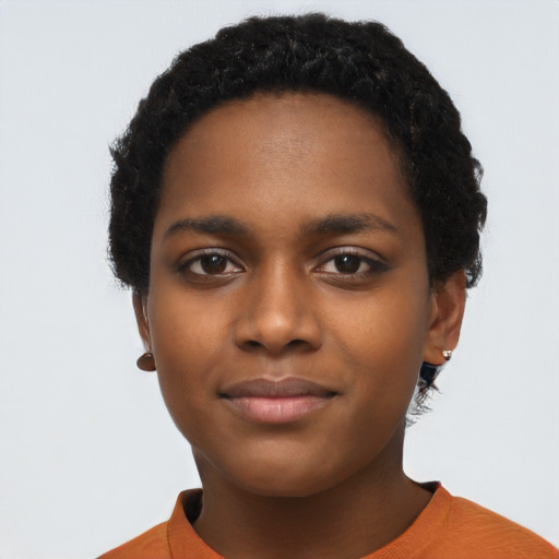 Neutral black young-adult female with short  black hair and brown eyes