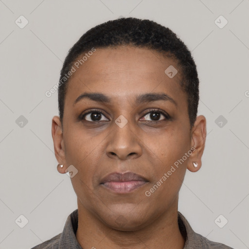 Neutral black young-adult female with short  black hair and brown eyes