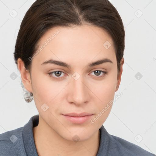 Neutral white young-adult female with medium  brown hair and brown eyes