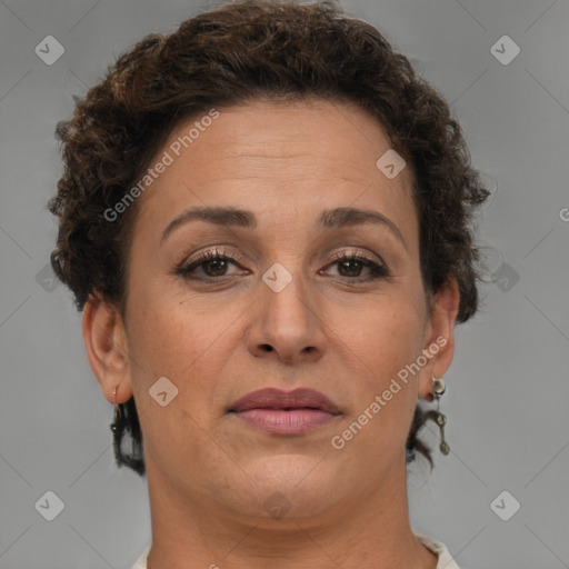 Joyful white adult female with short  brown hair and brown eyes