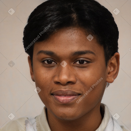 Joyful black young-adult female with short  black hair and brown eyes