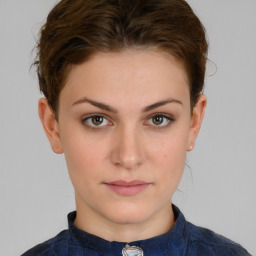 Neutral white young-adult female with short  brown hair and brown eyes