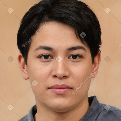Neutral asian young-adult male with short  brown hair and brown eyes