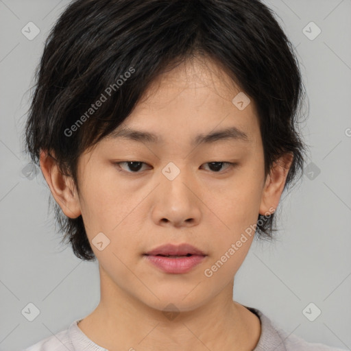 Neutral asian young-adult female with medium  brown hair and brown eyes