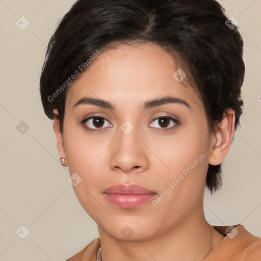 Neutral white young-adult female with short  brown hair and brown eyes