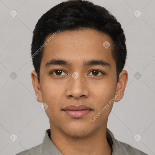 Neutral latino young-adult male with short  black hair and brown eyes