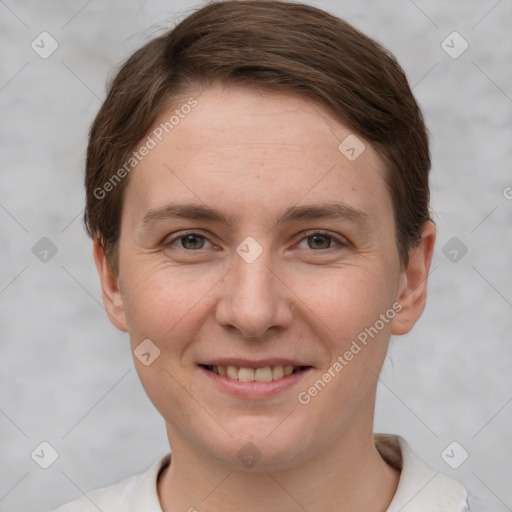 Joyful white young-adult female with short  brown hair and grey eyes