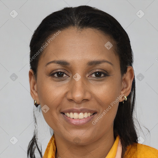 Joyful black young-adult female with medium  brown hair and brown eyes