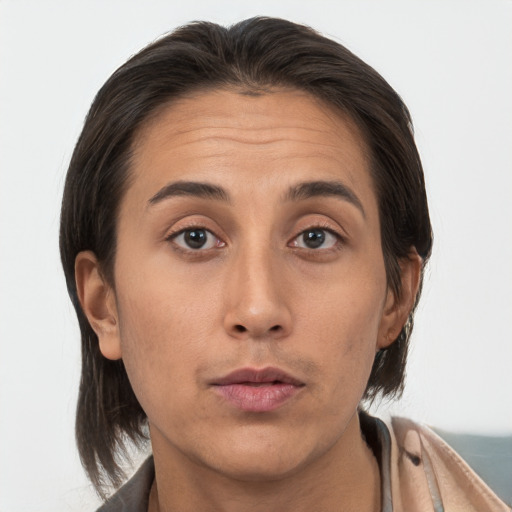 Neutral white adult female with medium  brown hair and brown eyes