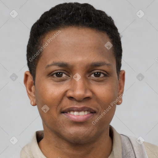 Joyful latino young-adult male with short  brown hair and brown eyes