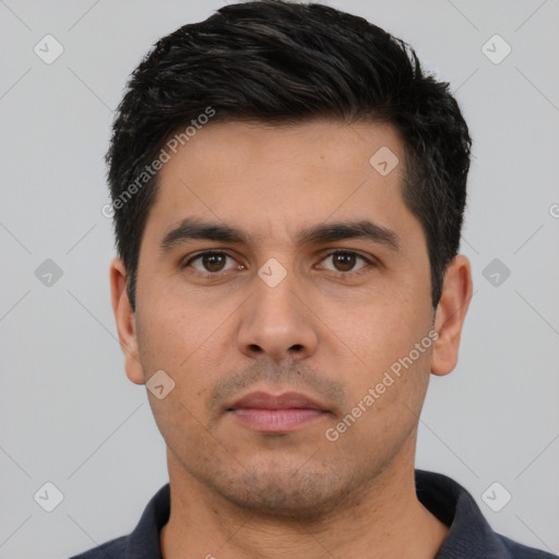 Neutral white young-adult male with short  black hair and brown eyes