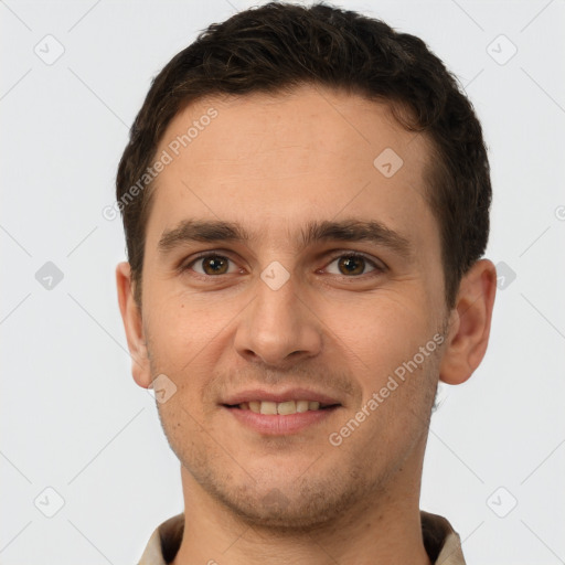 Joyful white young-adult male with short  brown hair and brown eyes