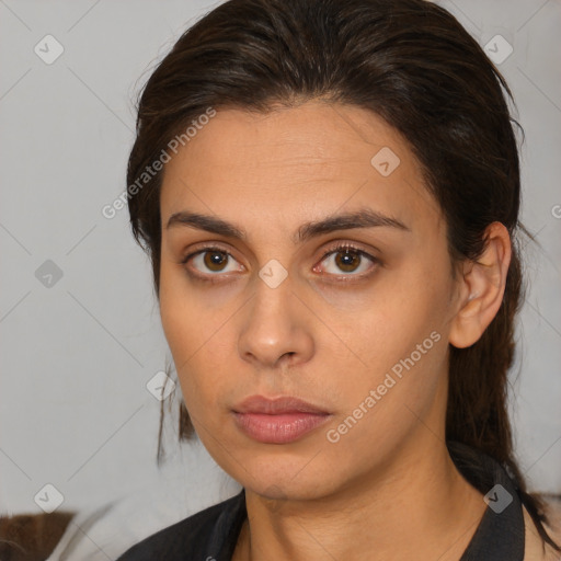 Neutral white young-adult female with medium  brown hair and brown eyes