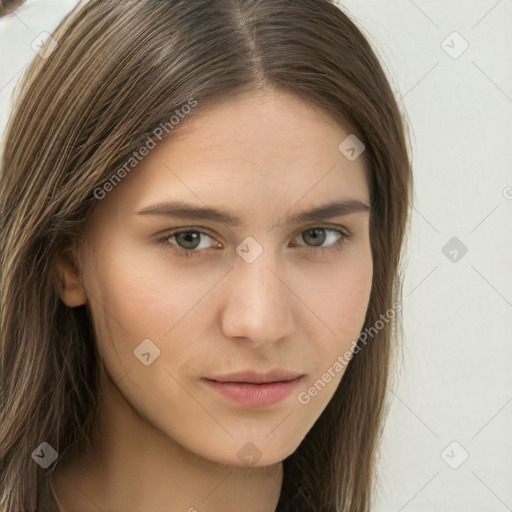 Neutral white young-adult female with long  brown hair and brown eyes