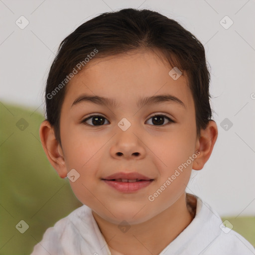 Joyful white child female with short  brown hair and brown eyes