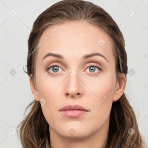 Neutral white young-adult female with long  brown hair and grey eyes