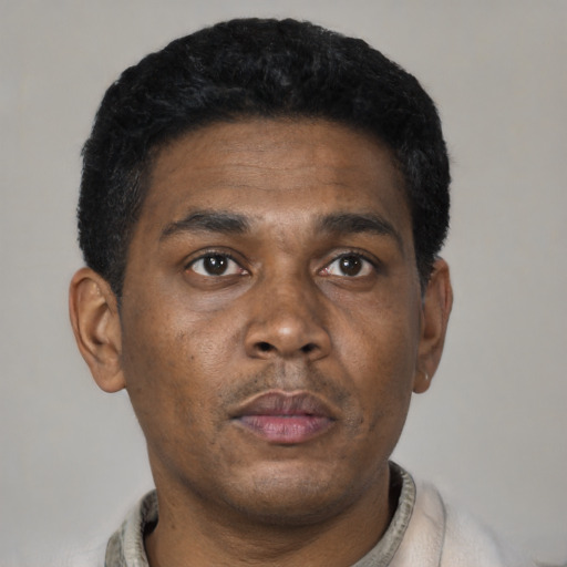 Neutral black adult male with short  black hair and brown eyes