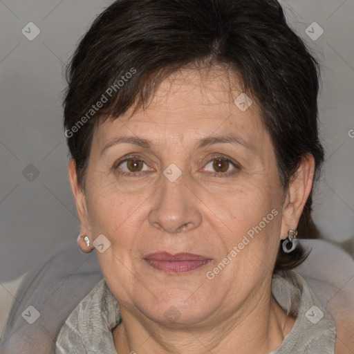 Joyful white adult female with short  brown hair and brown eyes