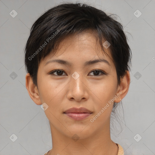 Joyful asian young-adult female with short  brown hair and brown eyes