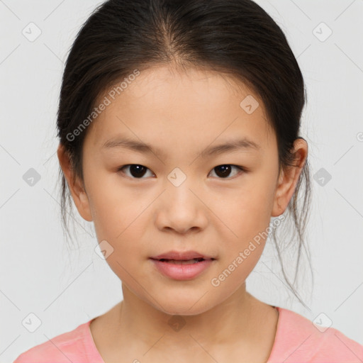 Joyful white child female with medium  brown hair and brown eyes