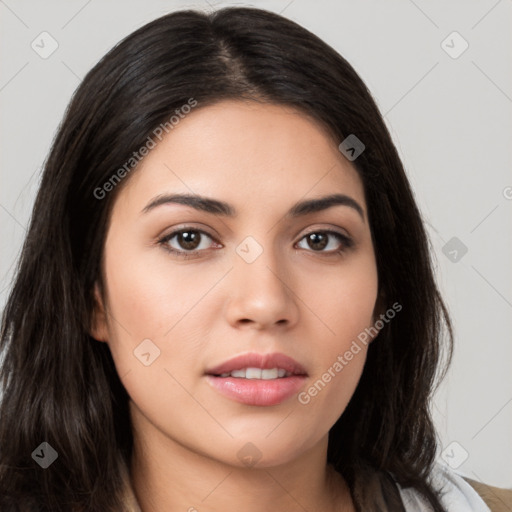 Neutral white young-adult female with long  brown hair and brown eyes