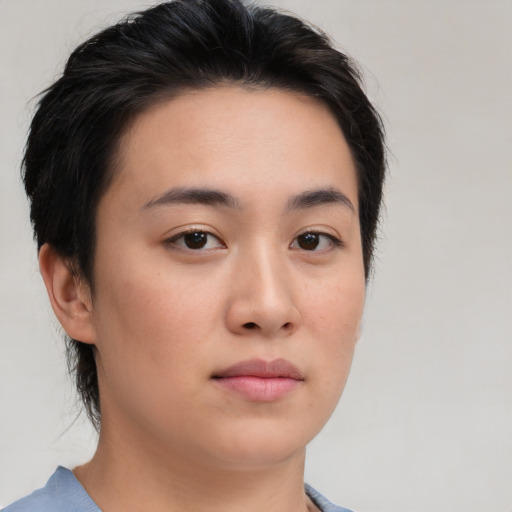 Neutral asian young-adult female with short  brown hair and brown eyes